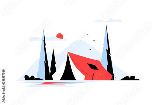 Camping Tent With Mountains And Trees In Flat Vector Illustration Symbolizing Outdoor Adventure, Wilderness Exploration, And Nature Getaway, Isolated On White Background.
