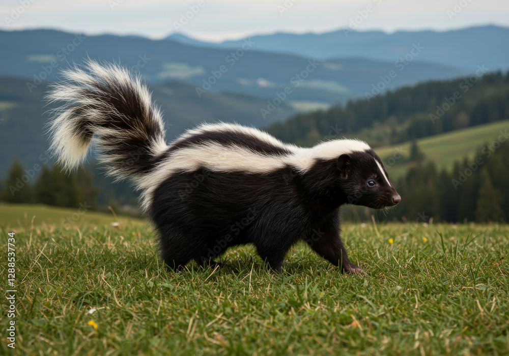 Obraz premium Black and white skunk saunters across a green grassy hillside