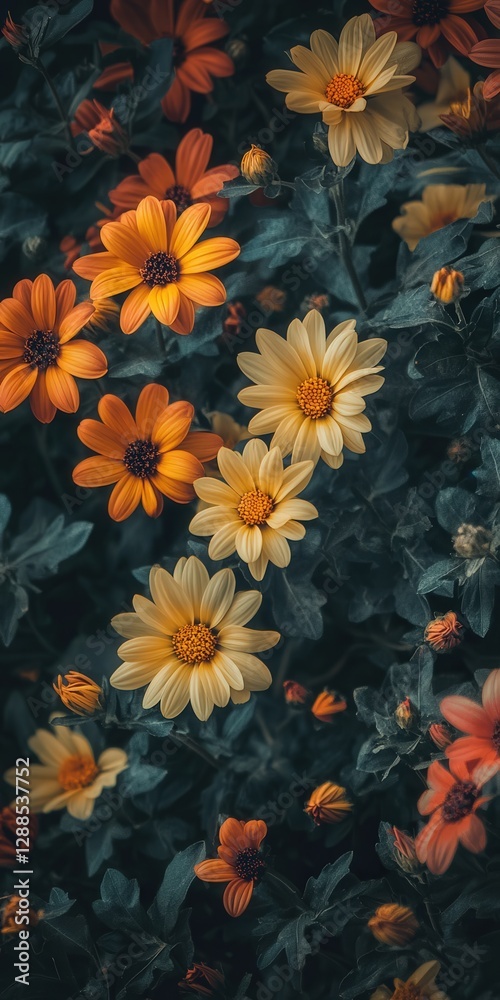 a bunch of yellow and orange chrysanthemums, their bright colors creating a striking contrast against the soft green foliage. a bunch of yellow and orange chrysanthemums, their bright colors creating a striking contrast against the soft green foliage.