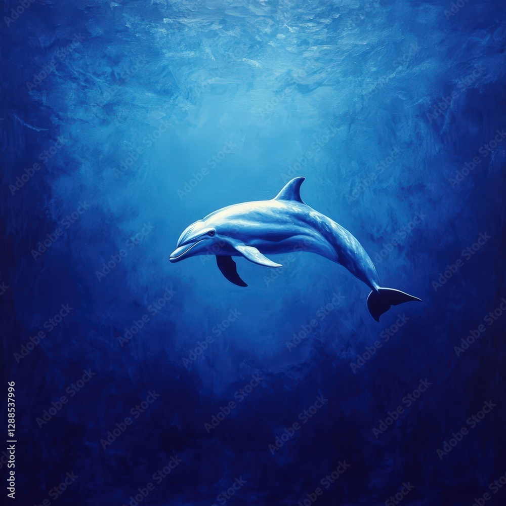 Fototapeta premium A graceful dolphin leaps through deep azure waters, its body arcing dynamically toward the right, embodying the ocean's fluid essence
