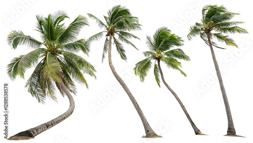 Four Tropical Palm Trees with Lush Green Fronds on Transparent Background
