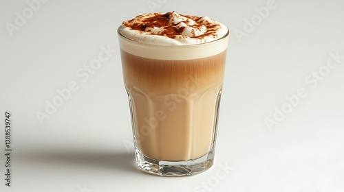 Tall glass of coffee drink with whipped cream and cocoa powder, ready to drink