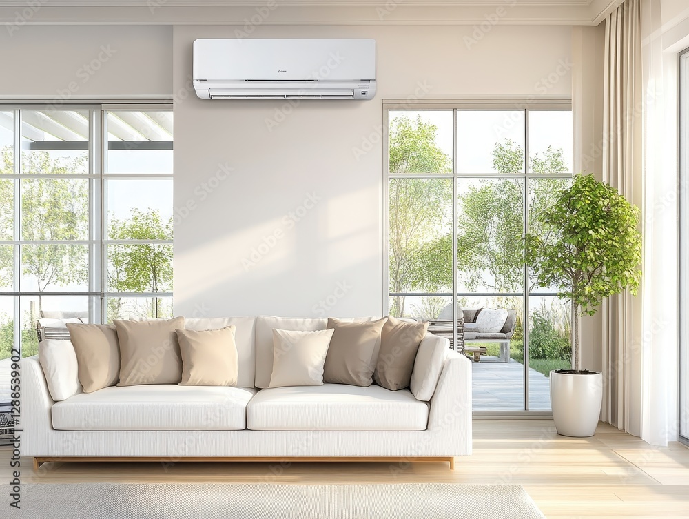 Fototapeta premium Modern Living Room Interior Design Featuring a Wall Mounted Air Conditioner and Comfortable White Sofa
