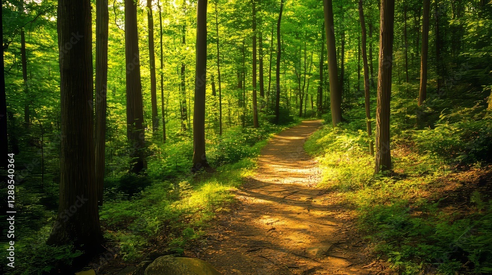 Naklejka premium A scenic forest trail surrounded by lush greenery and golden light, winding through dense foliage. A peaceful escape for hikers, nature lovers, and outdoor enthusiasts, perfect for adventure