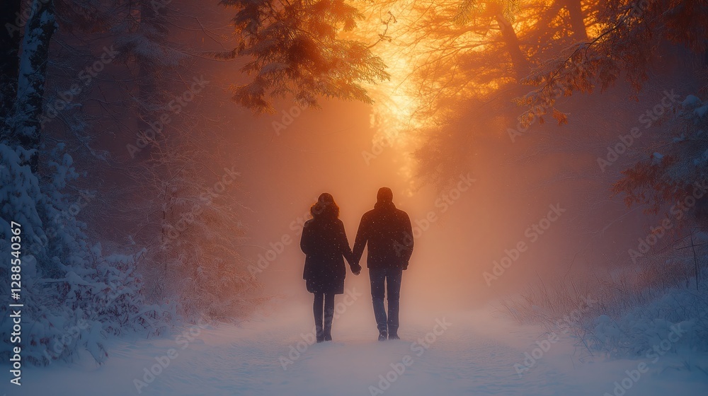 Fototapeta premium lovers holding hands walking through snow-covered forest with gentle snowfall