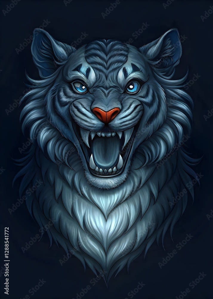 Fototapeta premium Majestic White Tiger Fierce Predator Striking Blue Eyes Powerful Roaring Illustration Art
