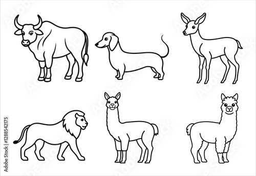 A set of six random animal vector line art designs. Simple collection. Isolated bundle on white background.