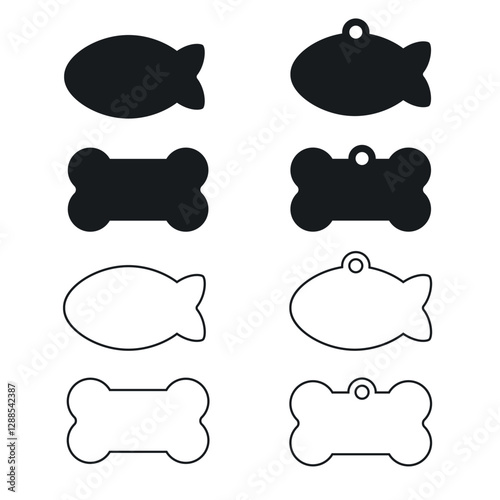 Dog bone tag, cat fish tag. Pet id pendant template. Vector pictogram isolated on white background