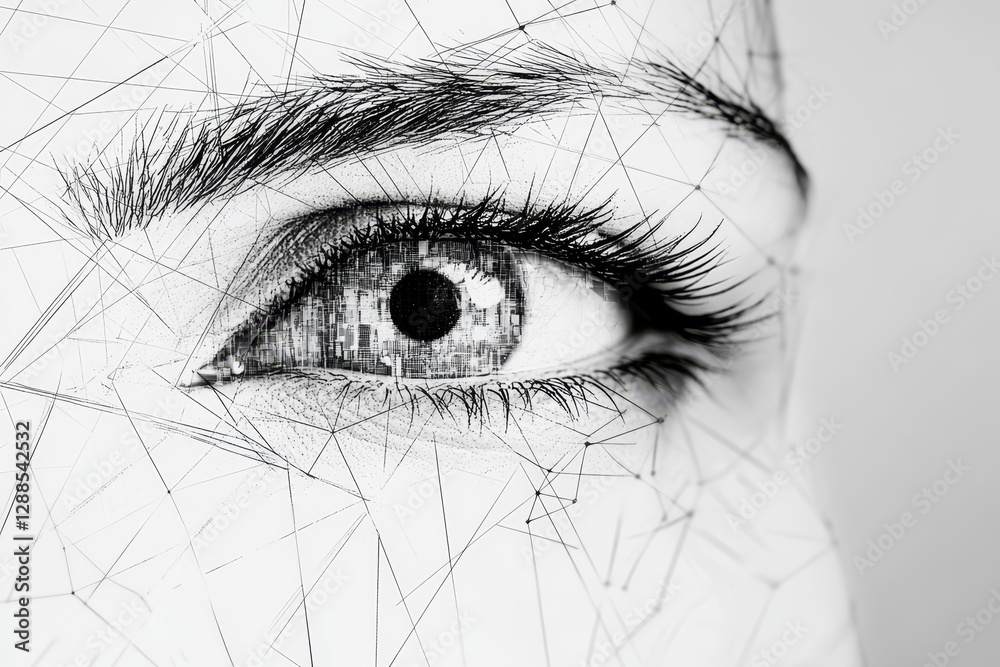 Obraz premium Intricate black and white abstract human eye illustration merging realism with geometric patterns