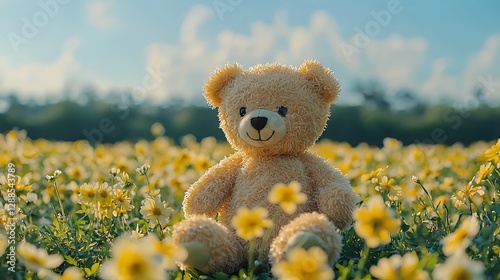 Teddy bear in a field of flowers, peaceful scene, outdoor setting, heartwarming image, children's gift