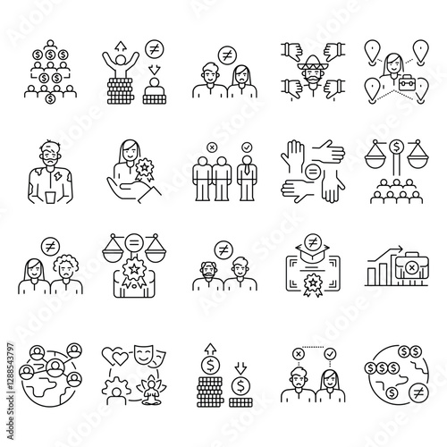 Social inequality black line icons set.. Vector isolated element
