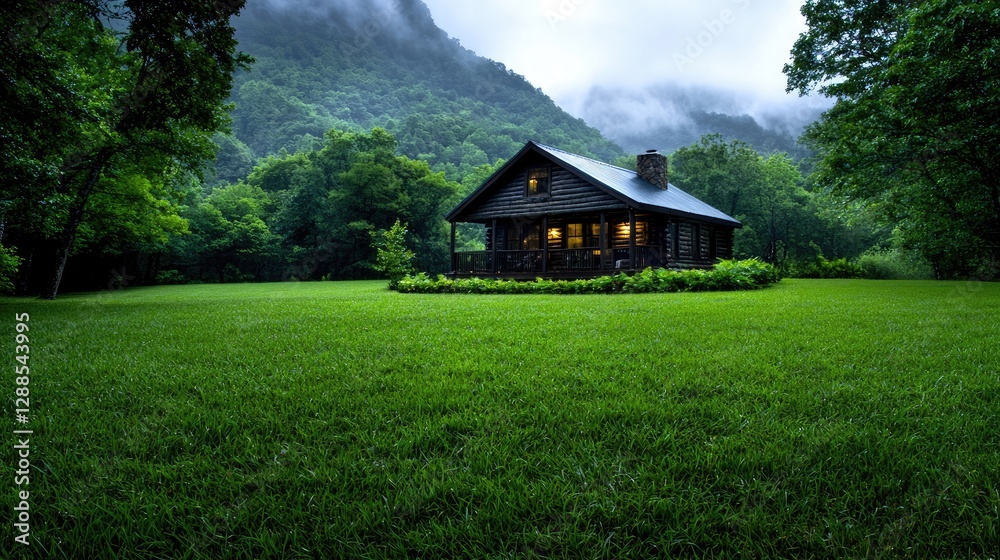 Mountain cabin at dusk, green lawn, misty hills. Vacation rental Mountain cabin at dusk, green lawn, misty hills. Vacation rental