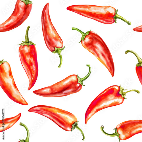 Hot spicy red chili pepper seamless pattern. Organic spices for mexican or asian dishes. Chilli paper red green spicy hot taste and flavor symbol. Food organic seamless pattern design. Vector print.