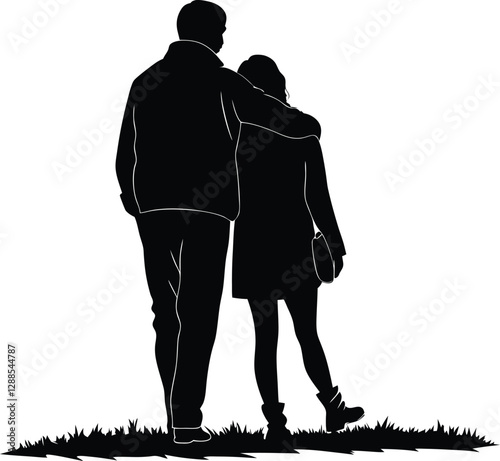 Romantic couple silhouette standing on a hill, perfect for love themes, emotional art, or relationship