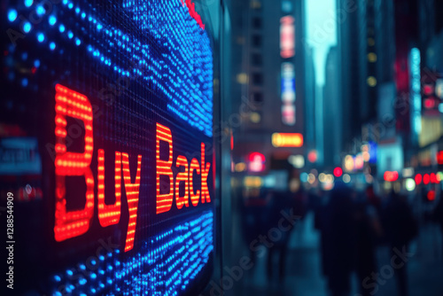Neon 'Buy Back' sign illuminates a bustling city street at dusk, capturing the vibrant essence of urban life and commerce.
