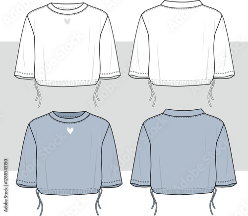 Women's and girl's oversize tee shirt  flat sketch fashion illustration, Short sleeve with drawstring adjustable hem, front and back view. cad, mockup.