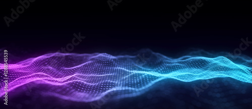 Music color wave of particles and lines. Big data visualization. Abstract blue background with a dynamic wave. 3d rendering.