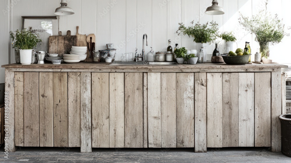 Rustic kitchen island, farmhouse style, reclaimed wood, coastal setting, home decor