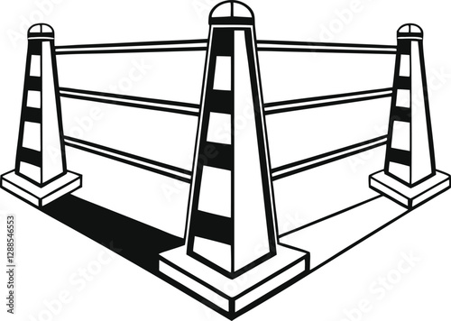 Corner barrier posts with horizontal ropes in vector design, ideal for event fencing, crowd control, and safety area marking