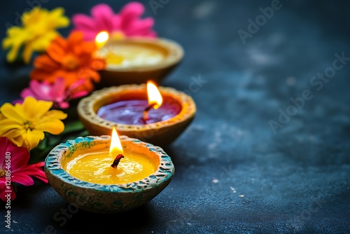 Colorful Candles and Flowers for Diwali Festival photo