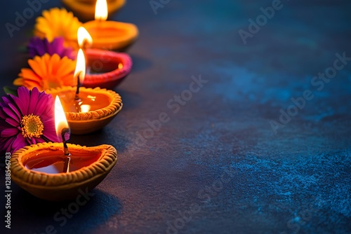 Illuminated Clay Diya Lamps with Flowers for Diwali Festival photo