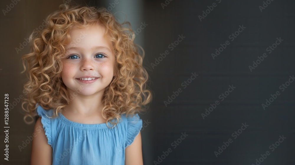 Smiling caucasian female child with curly blonde hair in blue dress. Smiling caucasian female child with curly blonde hair in blue dress.