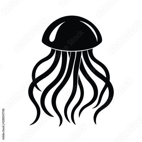 Stylized Black and White Jellyfish with Flowing Tentacles in a Minimalistic Vector Design for Ocean and Marine Life