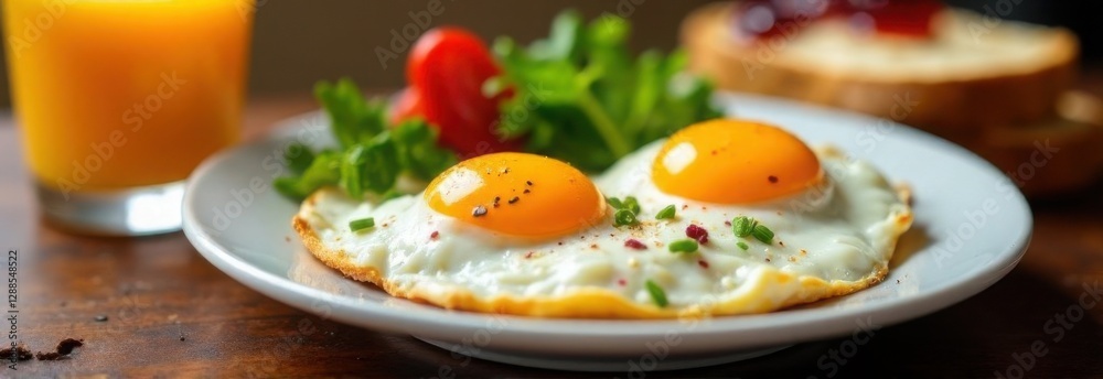 Fried eggs and toast with jam on a white plate, tasty breakfast serving Fried eggs and toast with jam on a white plate, tasty breakfast serving