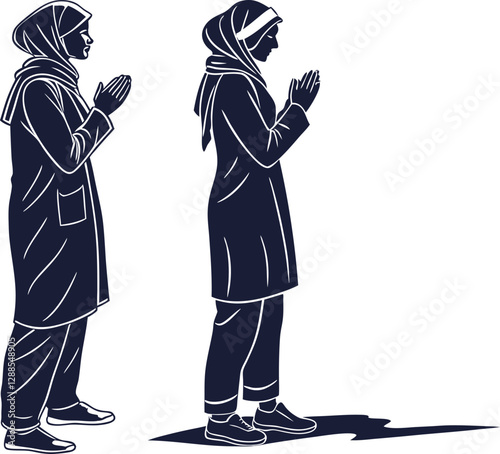 Young woman silhouette praying, wearing headscarf, ideal for religious devotion, cultural illustration