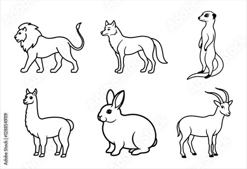 A set of six random animal vector line art designs. Simple collection. Isolated bundle on white background.