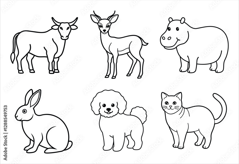 A set of six random animal vector line art designs. Simple collection. Isolated bundle on white background. A set of six random animal vector line art designs. Simple collection. Isolated bundle on white background.