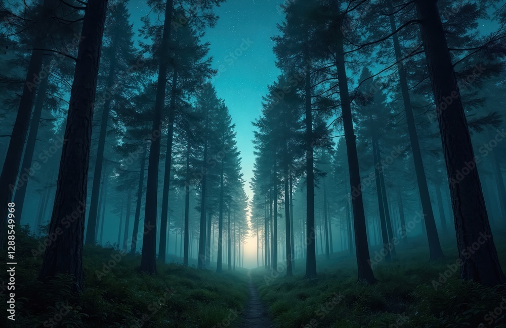 Fototapeta premium Misty forest at twilight with tall trees, glowing light, stars. Dark nature scenery evokes peaceful, tranquil, serene mood. Breathtaking wood landscape with hiking trail, mysterious nature background.