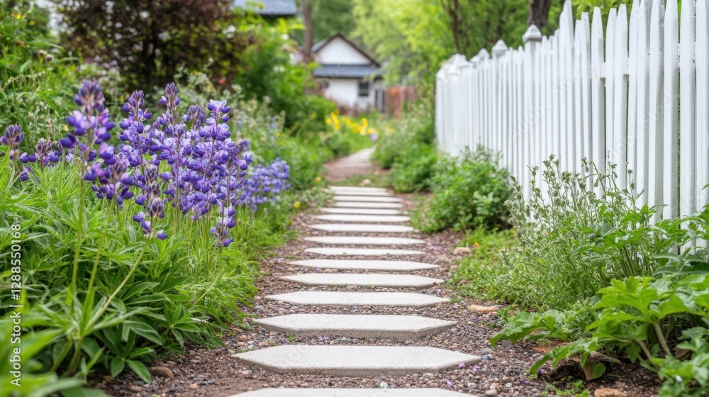 A peaceful country path adorned with wild purple flowers, guiding the way to picturesque homes beyond a white picket fence. A peaceful country path adorned with wild purple flowers, guiding the way to picturesque homes beyond a white picket fence.