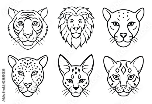 A set of six big cat face vector line art designs. Simple collection. Isolated bundle on white background.