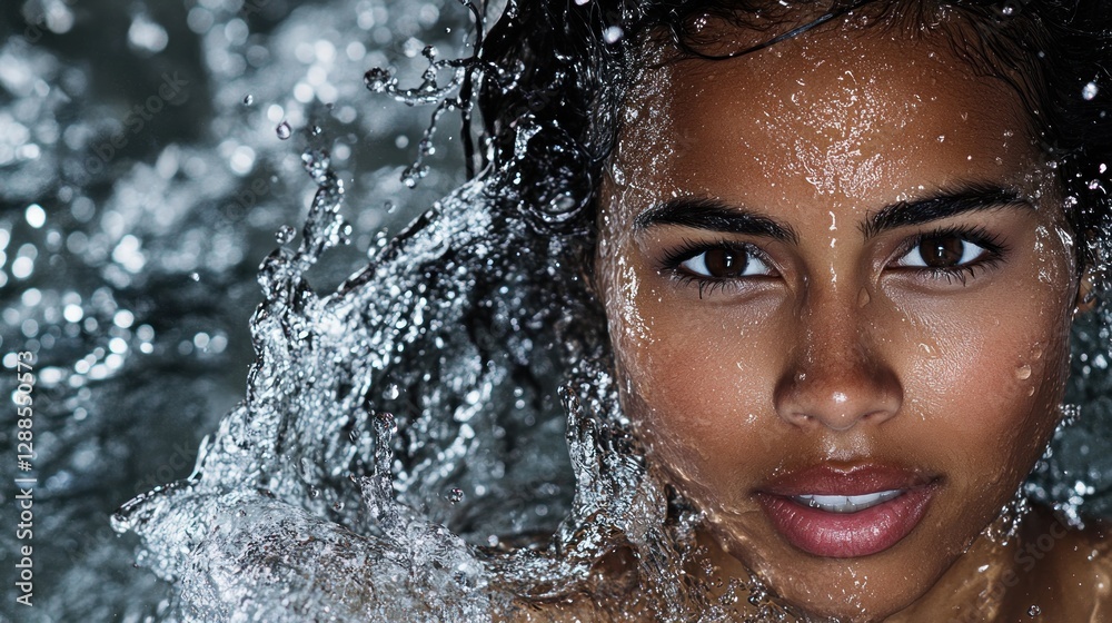 Obraz premium Woman, water splash, face, beauty, dark, background, portrait, skincare, advertisement