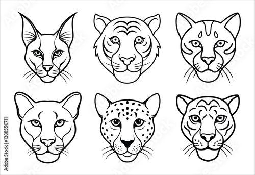 A set of six big cat face vector line art designs. Simple collection. Isolated bundle on white background.