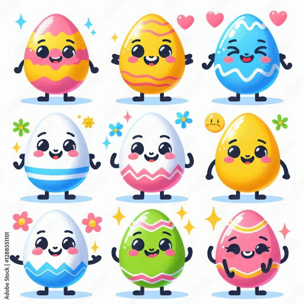 A delightful assembly of nine animated Easter eggs showcases unique designs and playful expressions, bringing a festive atmosphere perfect for spring celebrations and joyful gatherings A delightful assembly of nine animated Easter eggs showcases unique designs and playful expressions, bringing a festive atmosphere perfect for spring celebrations and joyful gatherings