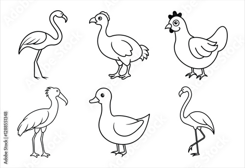 A set of six bird vector line art designs. Simple collection. Isolated bundle on white background.