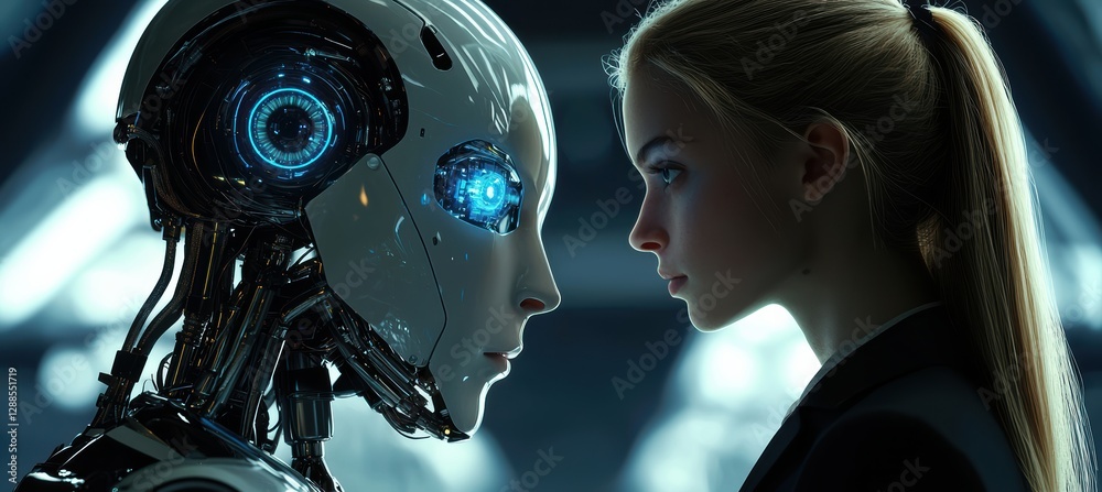 Fototapeta premium Futuristic encounter businesswoman meets humanoid robot