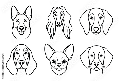 A set of six dog face vector line art designs. Simple collection. Isolated bundle on white background.