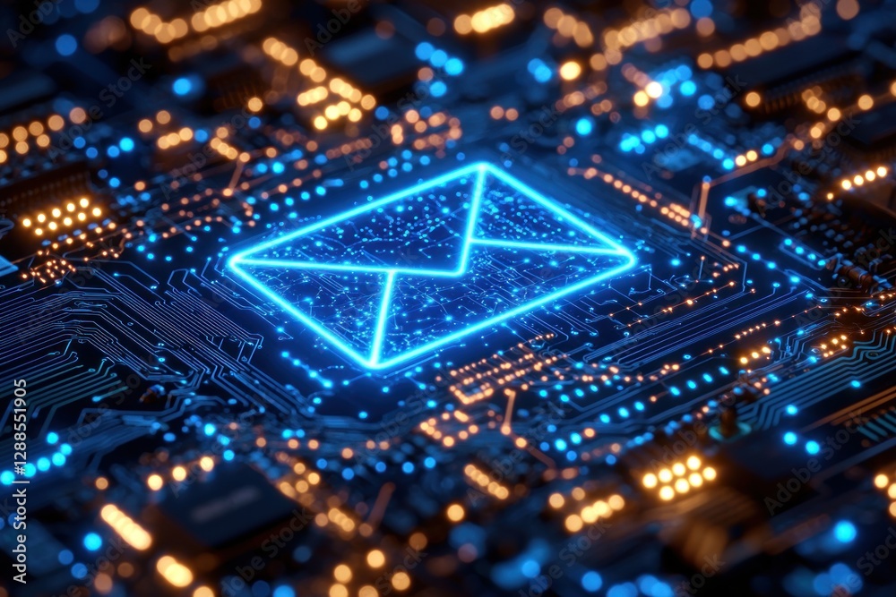 Obraz premium Glowing digital mail icon on circuit board with blue and orange light effects