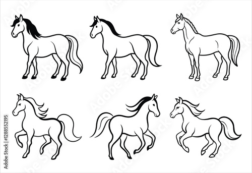 A set of six horse vector line art designs. Simple collection. Isolated bundle on white background.
