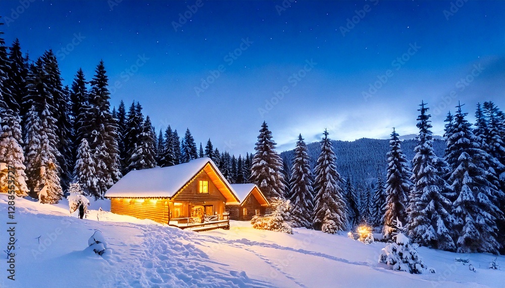 Fototapeta premium covered winter wonderland with twinkling lights and cozy cabins 