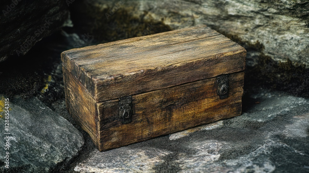 Obraz premium Rustic wooden box outdoors, mossy stones background, treasure hunt concept