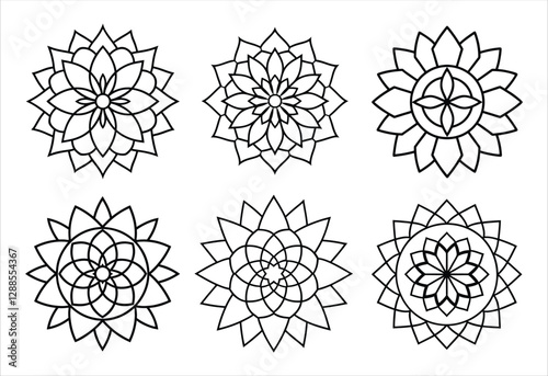 A set of six mandala vector line art designs. Simple collection. Isolated bundle on white background.