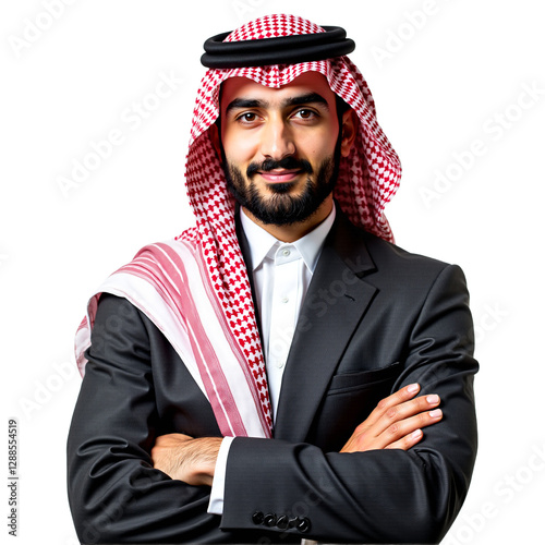 Confident Saudi businessman portrait. Young man in suit and headdress, arms crossed, smiling subtly. Professional, successful, corporate image. Isolated on transparent background.