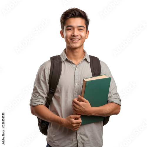 Smiling young male student holding books with a backpack, isolated on transparent background