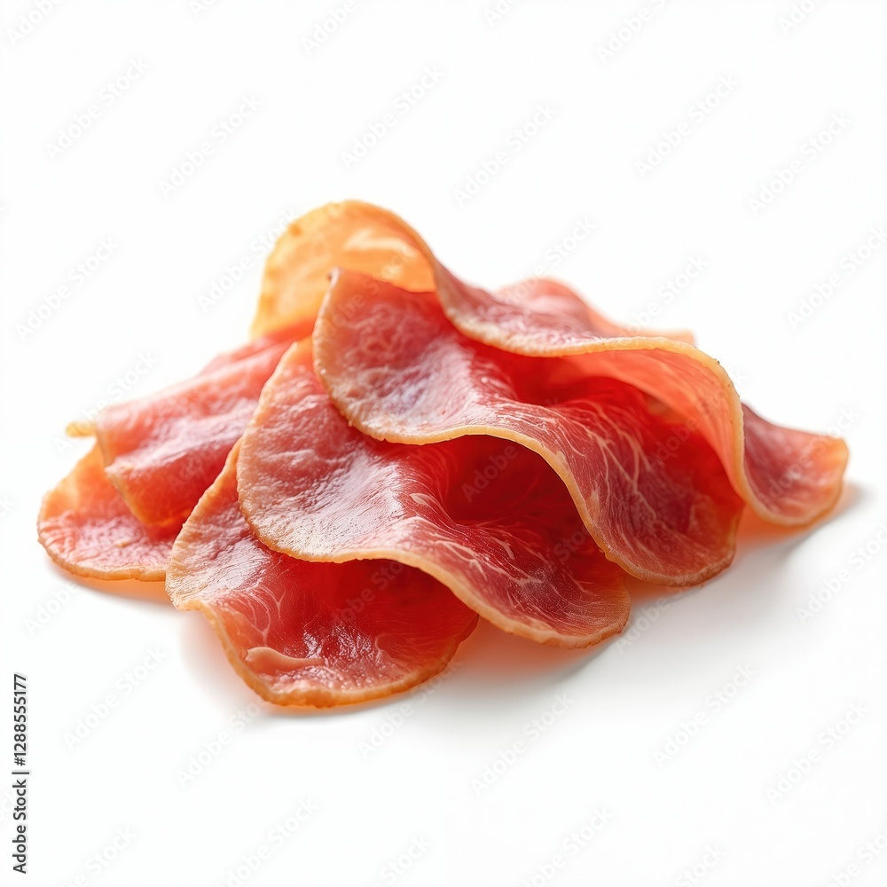 Pile of thin sliced prosciutto ham isolated on white. Italian delicacy appetizer. Cured pork meat. High resolution studio shot of tasty mediterranean red snack, food ingredient. Pile of thin sliced prosciutto ham isolated on white. Italian delicacy appetizer. Cured pork meat. High resolution studio shot of tasty mediterranean red snack, food ingredient.