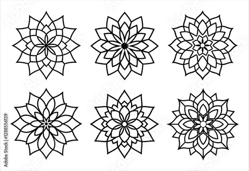 A set of six mandala vector line art designs. Simple collection. Isolated bundle on white background.