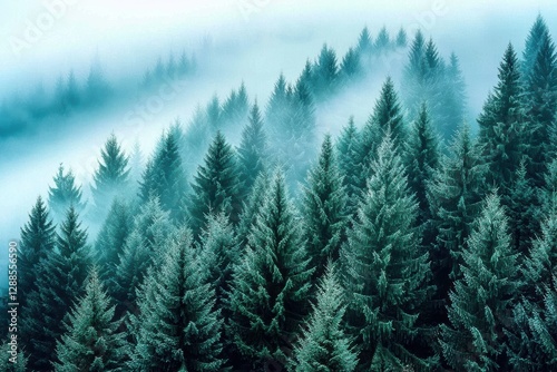 Misty pine forest at dawn with serene atmosphere and fog layers.